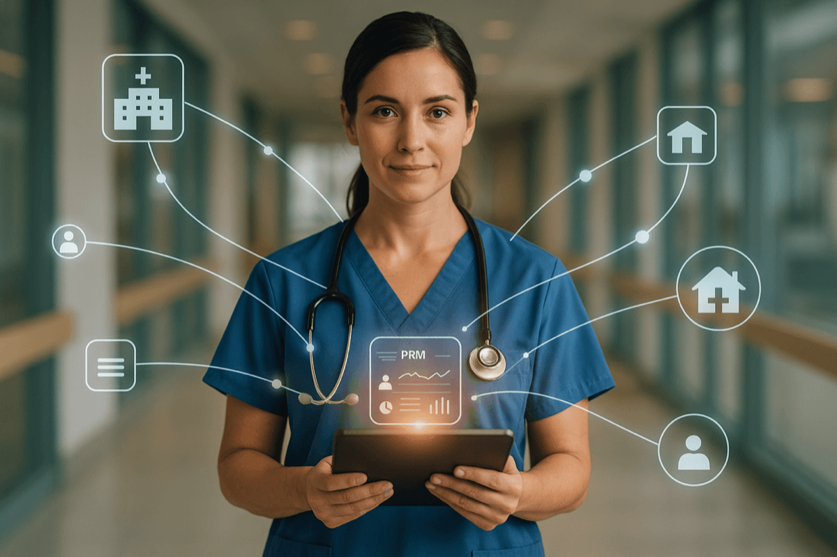 Medipyxis clinician with tablet — supported by the Medipyxis team
