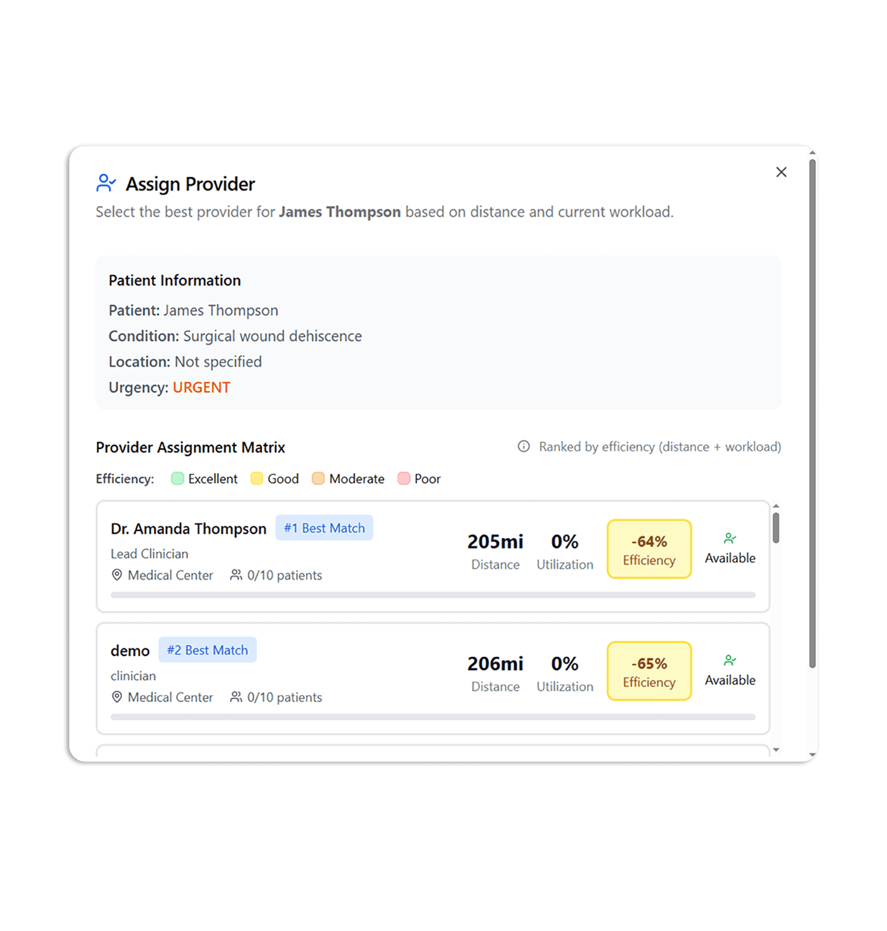 Medipyxis AI provider assignment matrix — matching clinicians by distance and workload