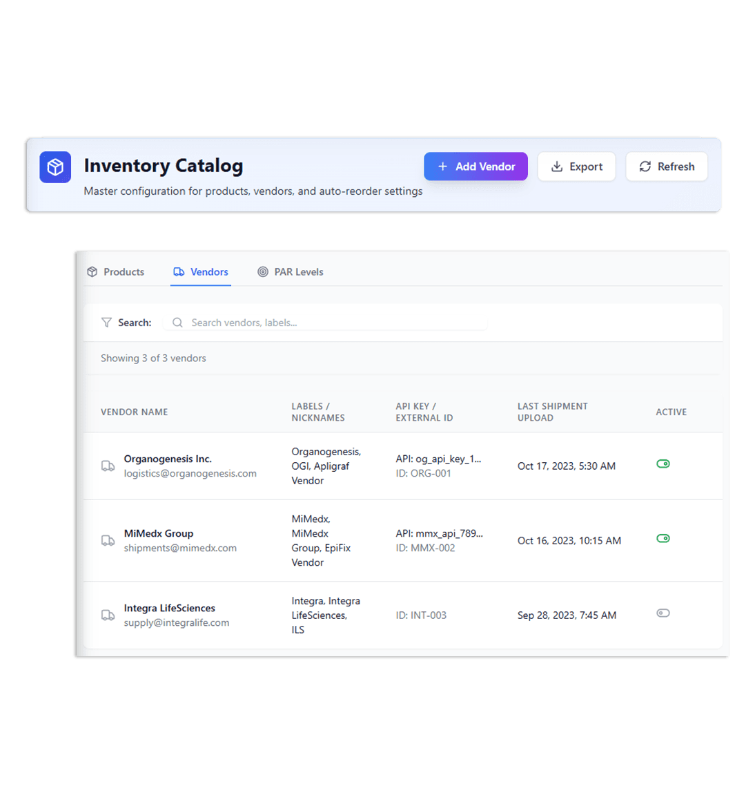 Medipyxis Inventory Catalog — vendor management with Organogenesis, MiMedx, Integra LifeSciences