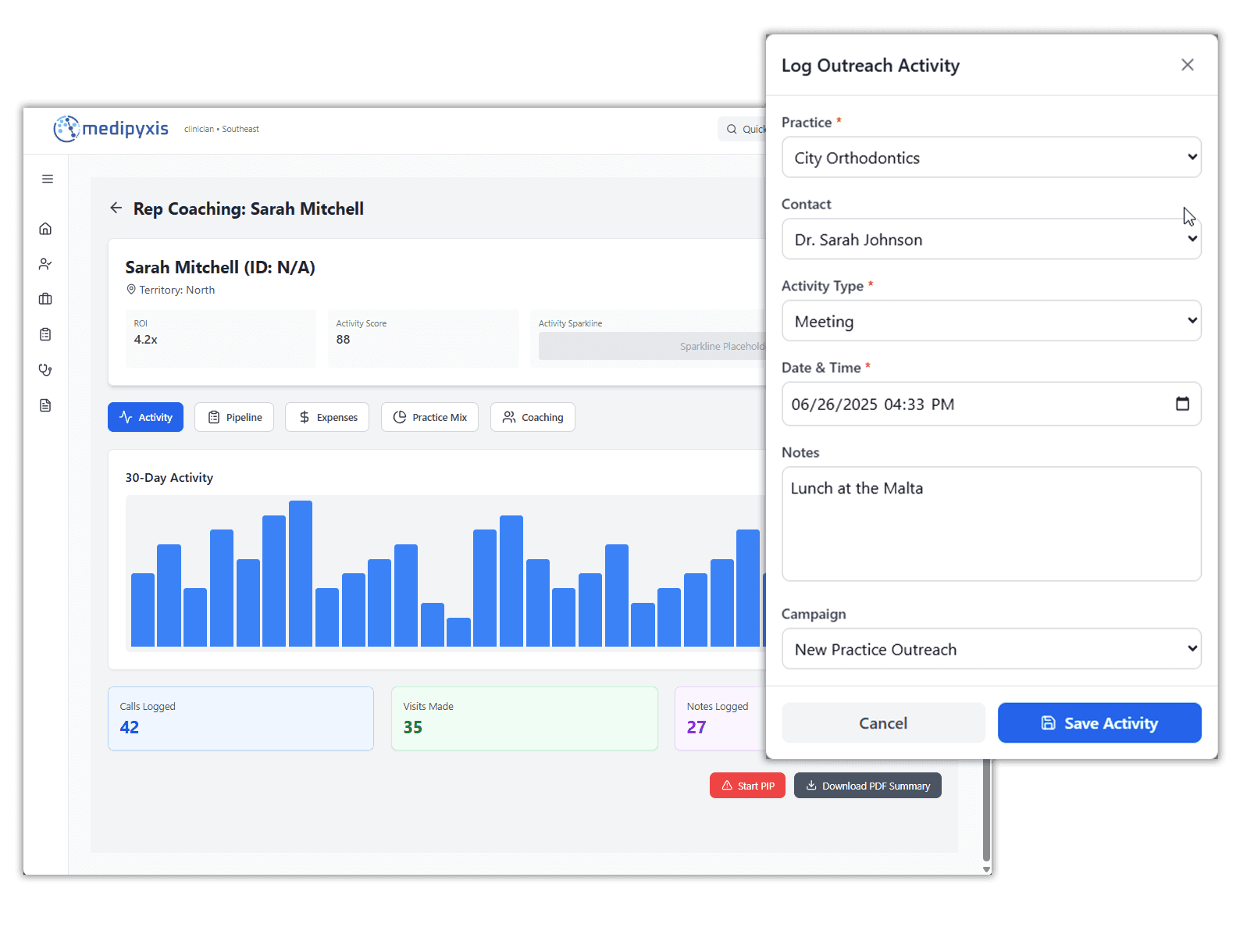 Medipyxis wound care referral management: BD rep outreach activity log and coaching interface