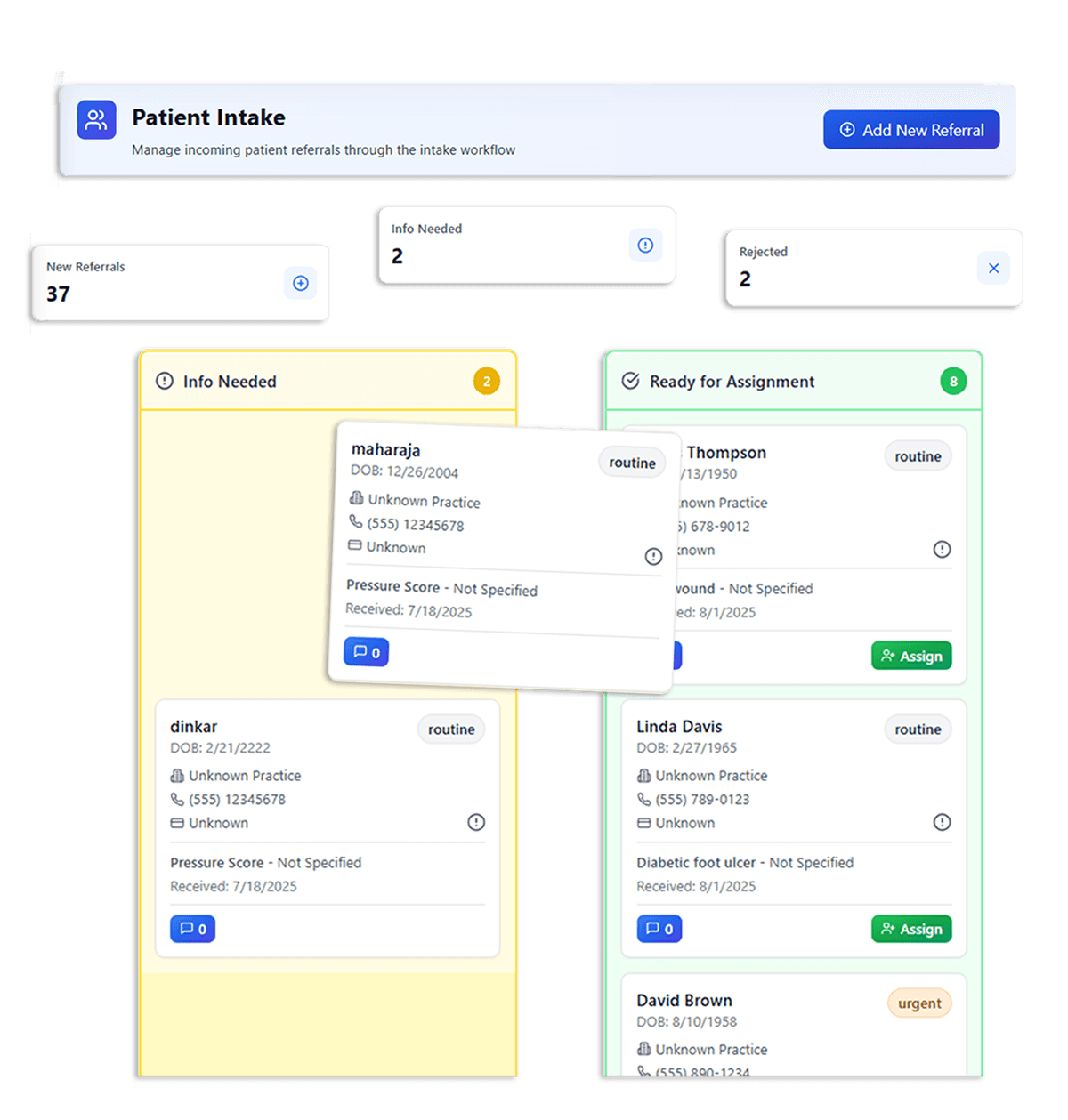 Medipyxis patient intake board showing referral management workflow