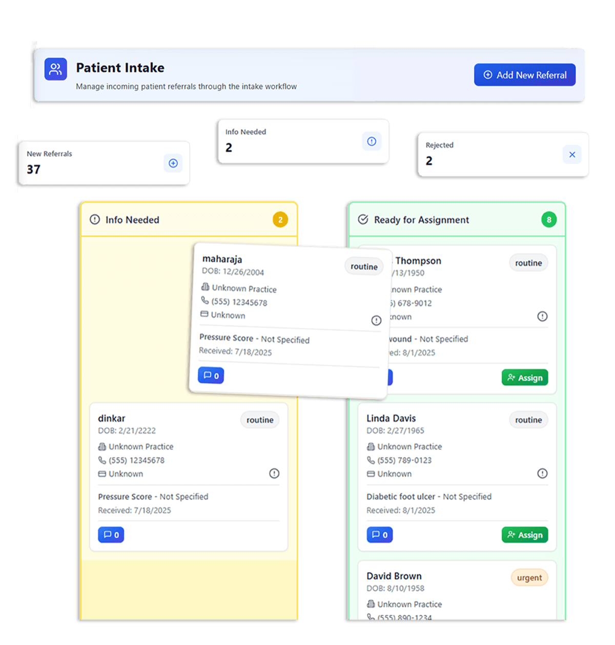 Medipyxis patient intake board showing referral management workflow