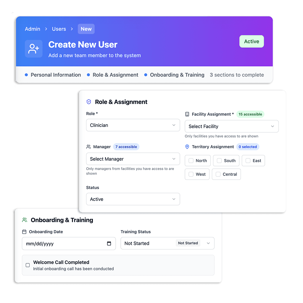 Medipyxis Create New User wizard — role assignment, facility access, and onboarding training